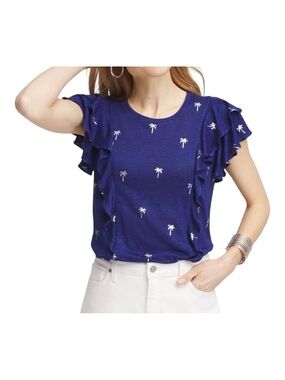 CHICOS Foiled Palmtree Bright Blue Linen Tee Size L